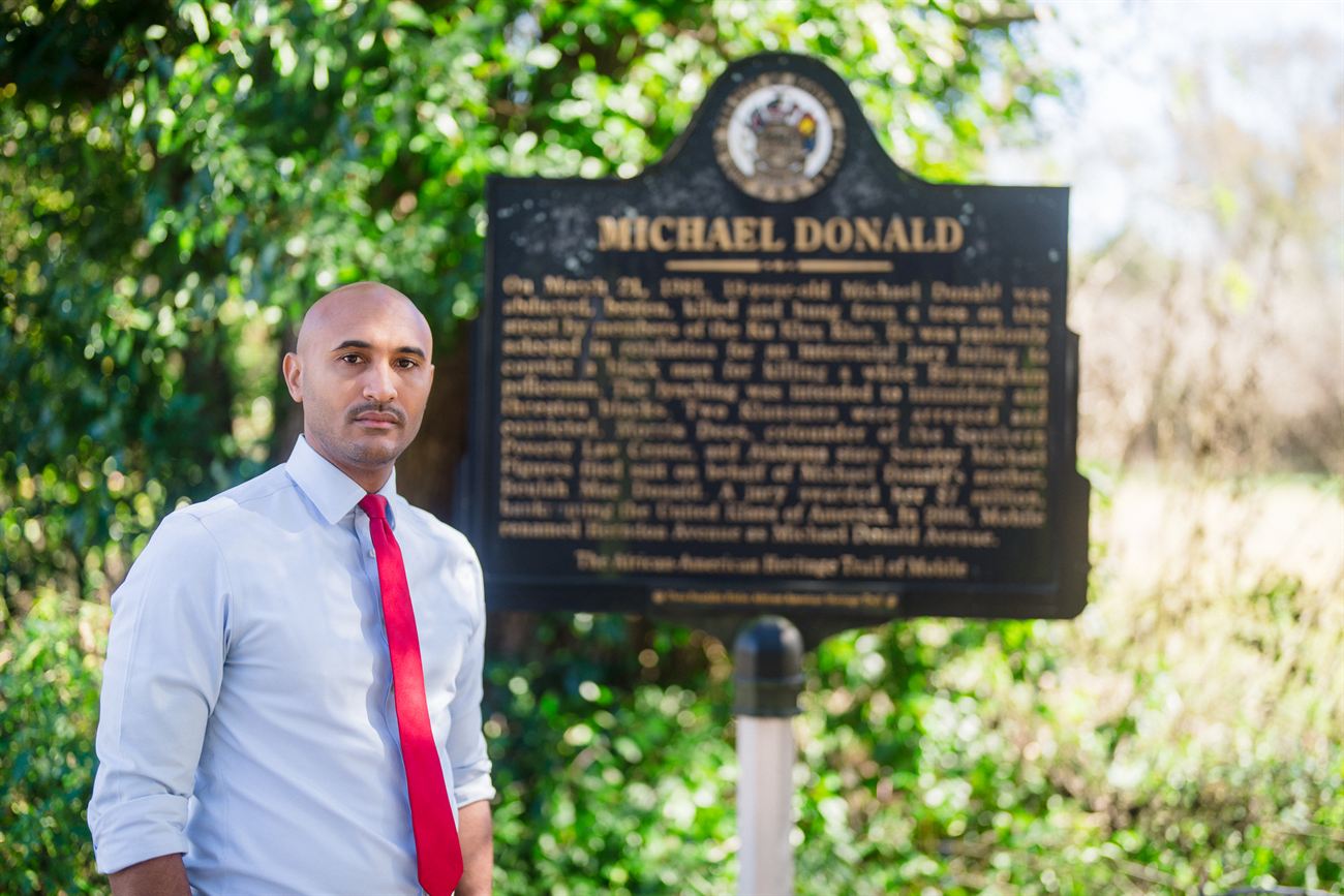 Shomari Figures at the Michael Donald memorial marker in Mobile